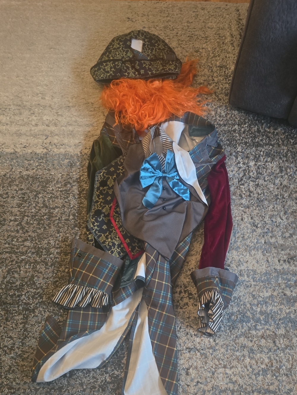 Mad Hatter Costume with Orange Wig and Blue Bow